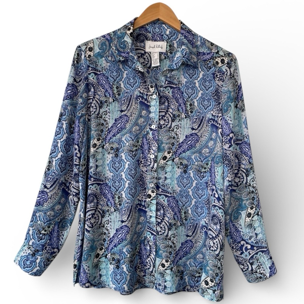 Joseph Ribkoff Blue Paisley Long Sleeve  Blouse Size 10 Button Up Office Career